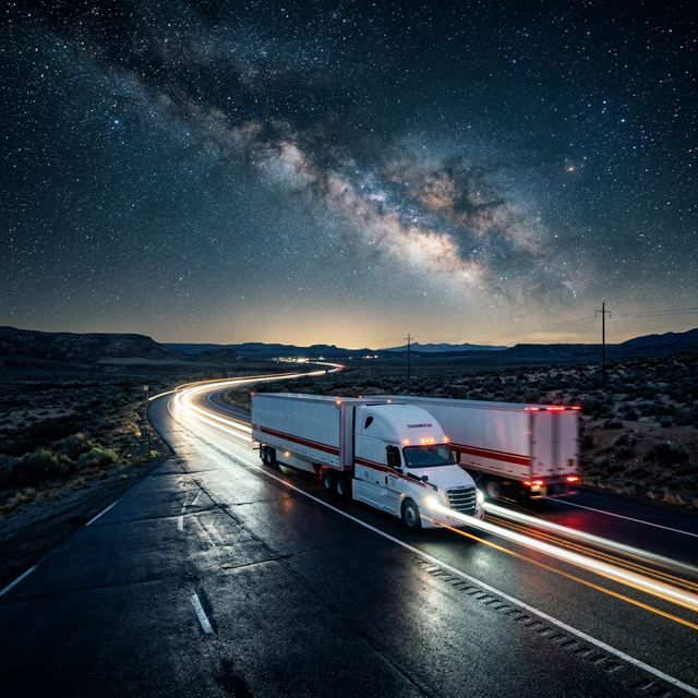 Total Trade Transportation truck on night highway with light trails